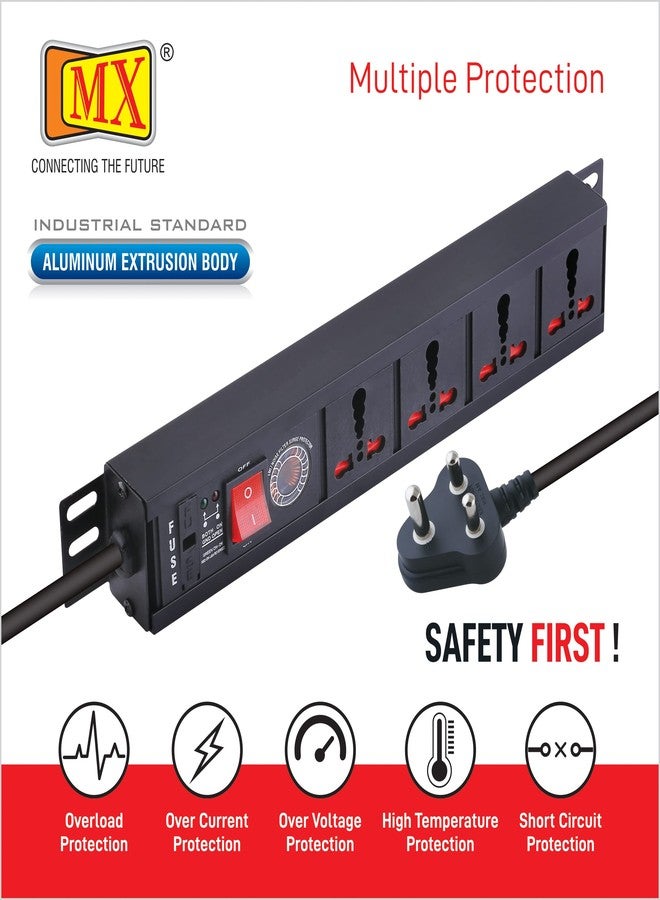 ام كي لوحة تمديد كهربائية MX بأربعة منافذ، بقدرة 3000 واط و15 أمبير، مزودة بسلك طاقة شديد التحمل (0.75 مم²، حاصل على علامة الجودة ISI) بطول 5 أمتار، مع واقي من ارتفاع التيار الكهربائي، وغطاء أمان للأطفال، وهيكل من الألومنيوم المبثوق. - Image 4